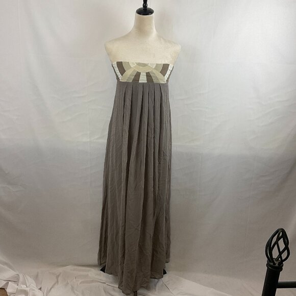 Maje Strapless Dress S Taupe White Tan Patchwork Detail Pleated Gathered Back - Picture 1 of 14